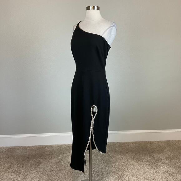 XSCAPE Women's Cocktail Dress Size 6 Black One Shoulder Beaded Midi Sheath - Picture 2 of 14